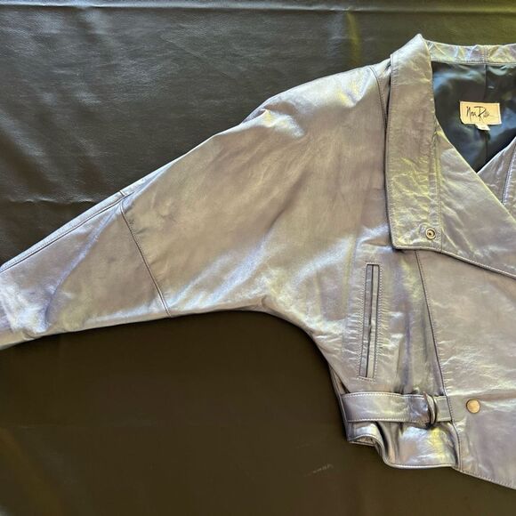 Vintage 80s Nora Ritti Oversized Blue Leather Jacket Belted Cropped Moto Style M - Picture 4 of 16